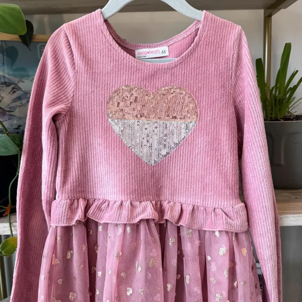 Young Hearts Pink Ribbed Tutu Dress Girls 6X Sequin Heart Gold Foil Whimsical